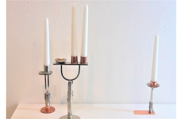 Ella McIntosh. Pewter and copper candlesticks.