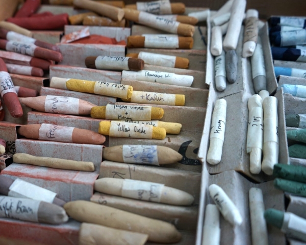 rows of red, yellow blue hand made pastels