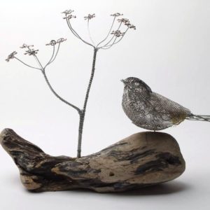 Wire Sculpture: Small Songbirds with Flowers